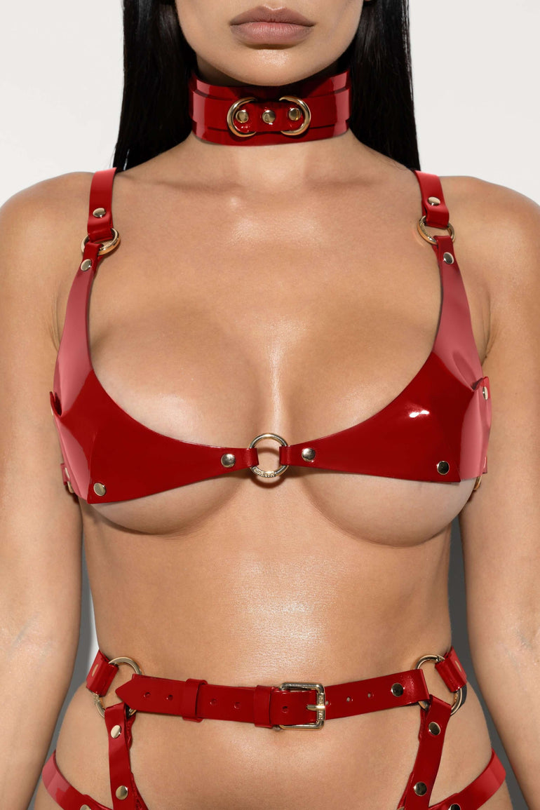 Charlene Patent Leather Bra in Red - MARIEMUR